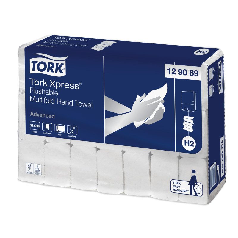 Hvide håndklædeark – Express Advanced W-fold, 2-lag – letopløselige – TORK H2 flush (4200 ark)